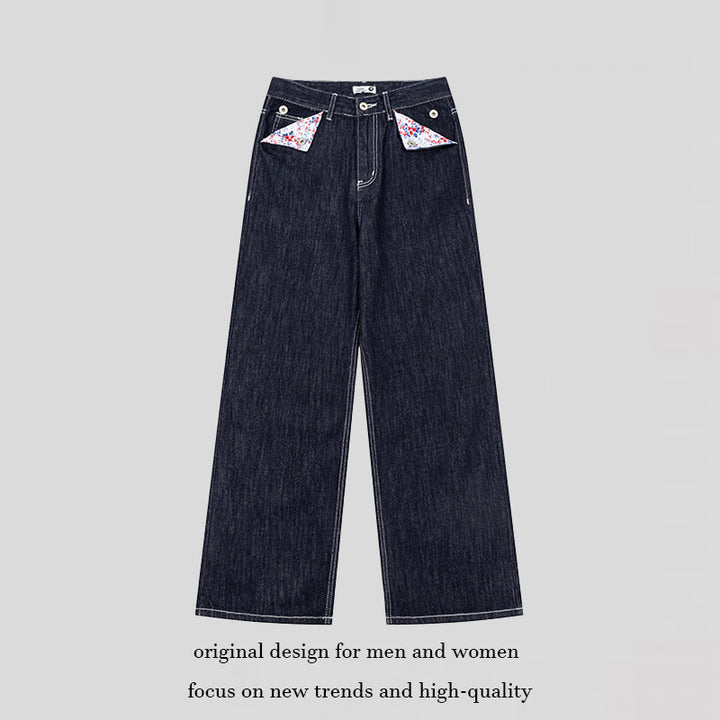 Women Loose High-Waist Jeans in Palazzo Cut with Decorative Stitching and Floral Pocket Lining Mune Fashion