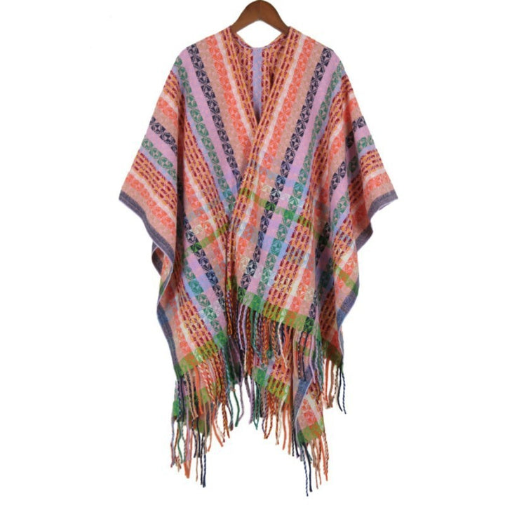 Women's Multicolored Woven Poncho in Boho Patchwork Design with Fringes Mune Fashion