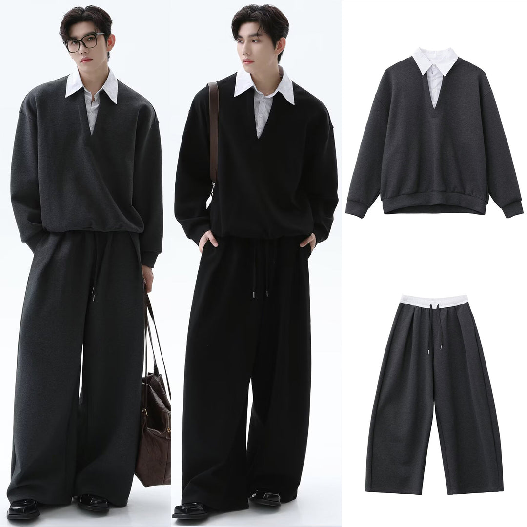 Men's Casual Oversized Sweater with V-Neck and Wide Pants Mune Fashion
