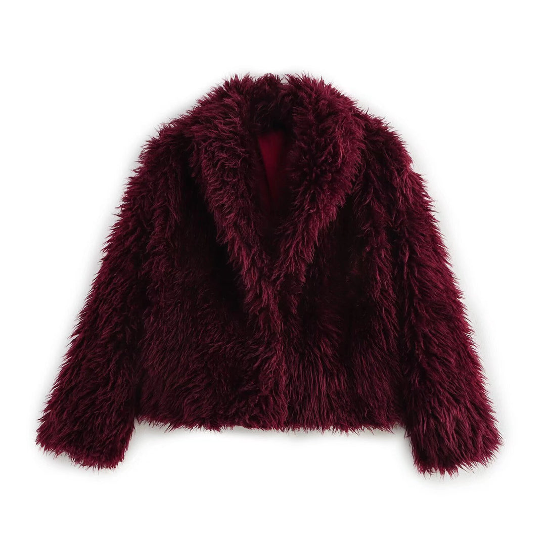 Women short cut boxy faux fur coat with shawl collar Mune Fashion