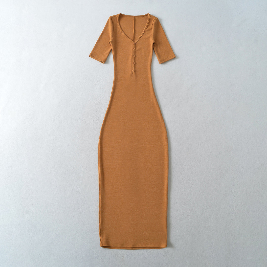Women's Fitted Midi Dress made of Rib Knit with Button Placket and Half-Length Sleeves Mune Fashion