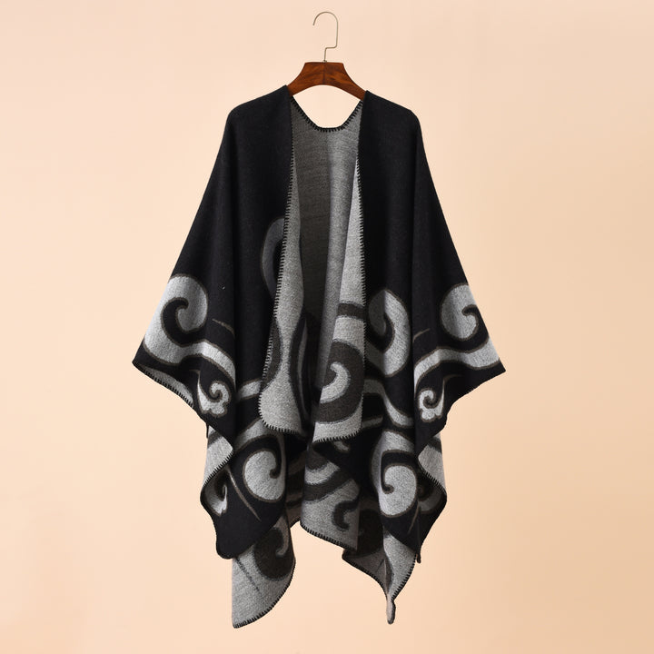 Women's Wool Blend Cape Poncho in Ruana Cut with Ornamental Intarsia Structure Mune Fashion