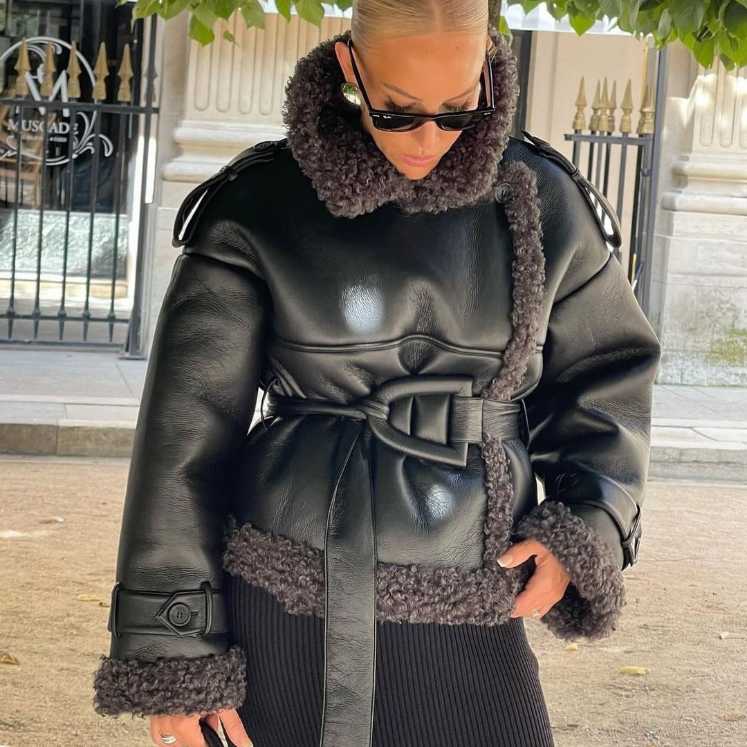 Women Short Flight Jacket Made of Faux Leather with Teddy Fur Collar and Waist Belt Mune Fashion