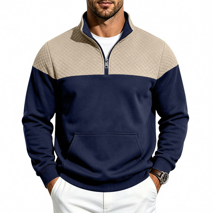 Men's Stand Collar Sweatshirt with Half Zip, Quilted Shoulder Yoke and Kangaroo Pocket Mune Fashion