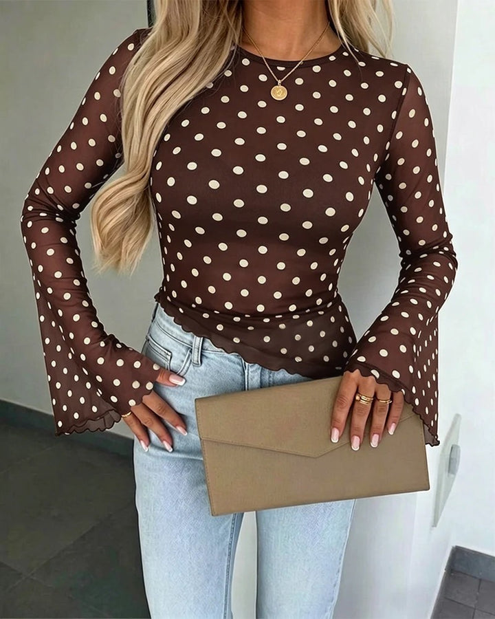 Women's Transparent Mesh Polka Dot Blouse with Tailored Fit and Bell Sleeves Drune