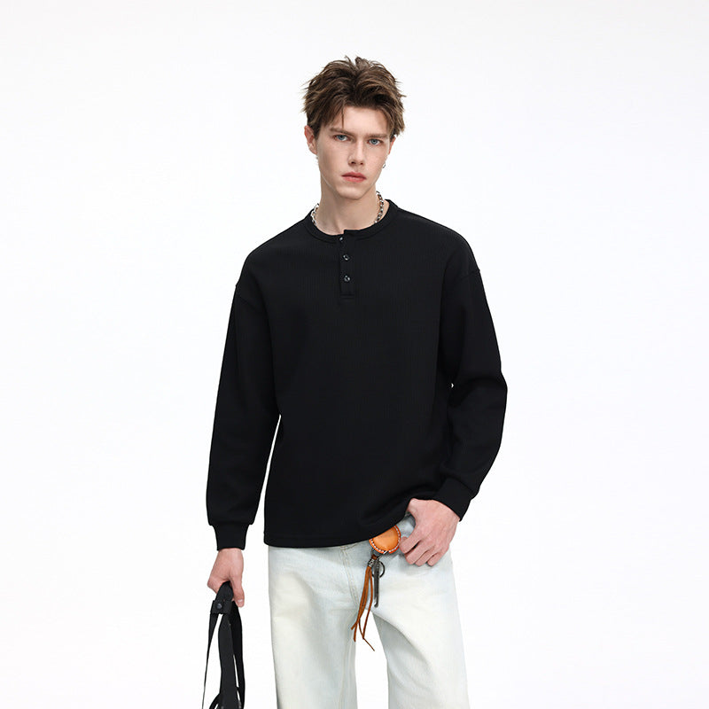 Men's waffle structure Henley thermal shirt with button placket and relaxed fit Drune
