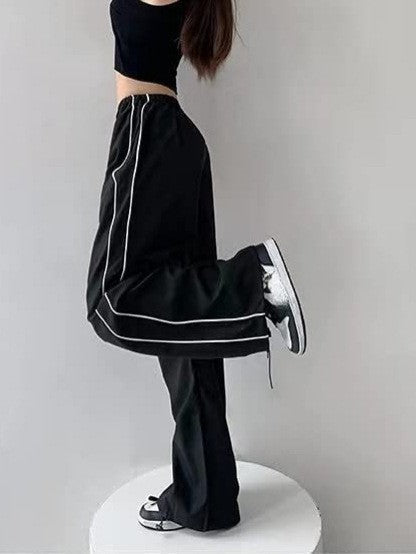 Women's Sporty Palazzo Pants with Elastic Waistband and Contrast Stitching Mune
