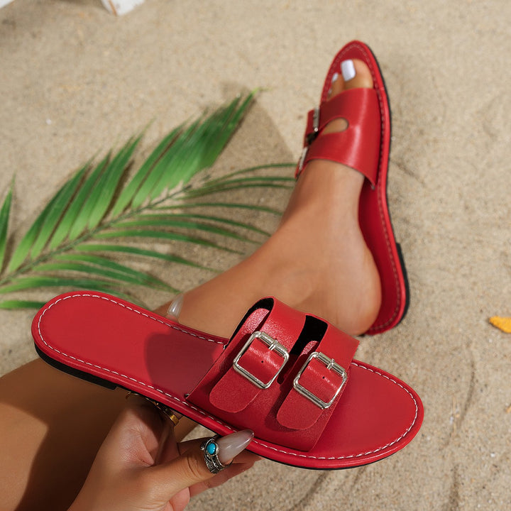 Women's double buckle slide sandal with adjustable straps and cushioned comfort footbed Mune Fashion