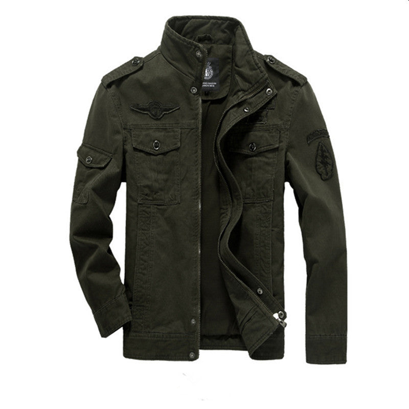 Men's canvas field jacket in military utility style with stand-up collar, epaulettes, and multifunctional pockets Mune Fashion