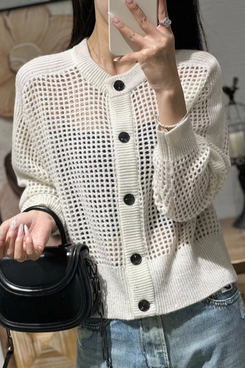 Women Loose Mesh Cardigan with Openwork, Round Neckline and Button Placket Mune Fashion