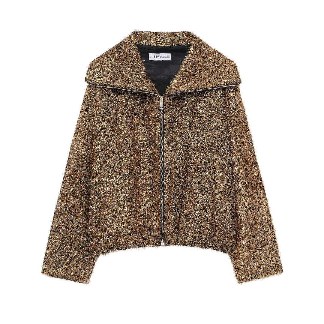Women's cropped glitter cardigan with zipper and wide shawl collar Mune Fashion