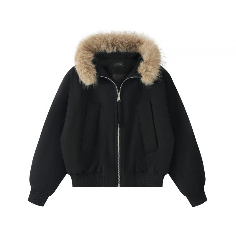 Women Short Boxy Bomber with Hood and Removable Faux Fur Trim Mune Fashion