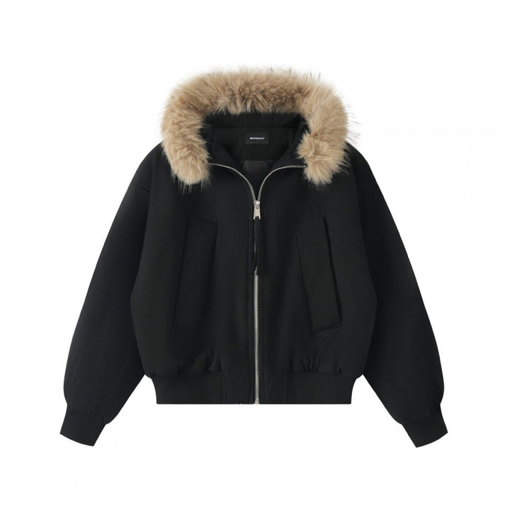 Women Short Boxy Bomber with Hood and Removable Faux Fur Trim Mune Fashion