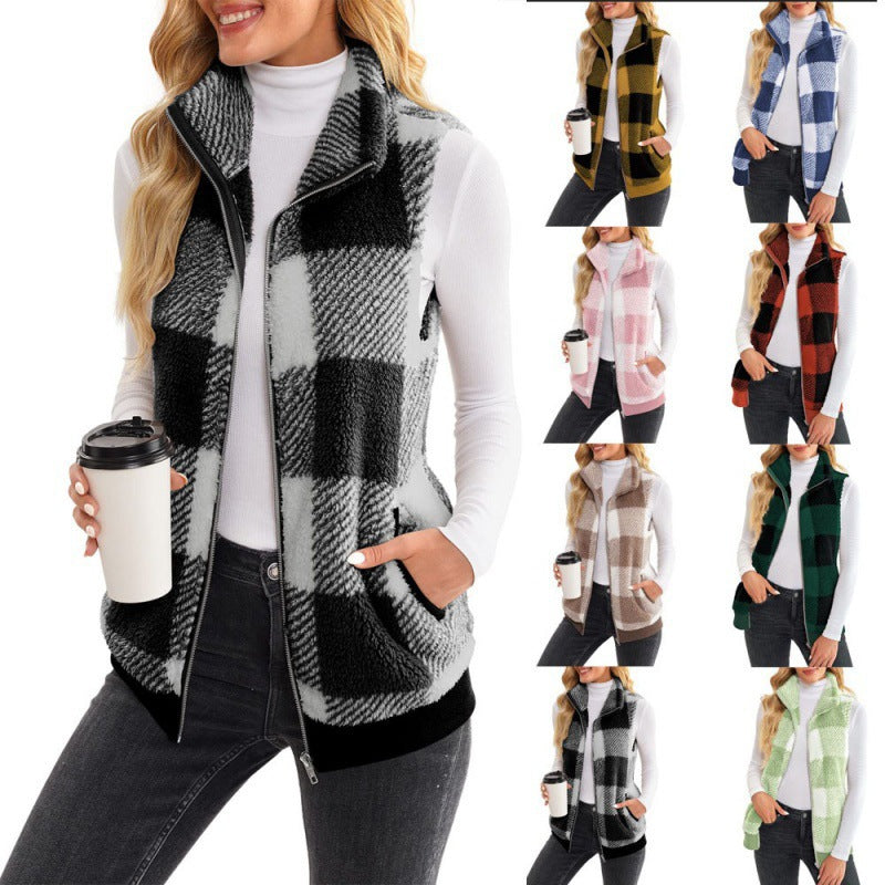Ladies Checked Teddy Vest with Stand-Up Collar, Zipper and Side Pockets Mune Fashion