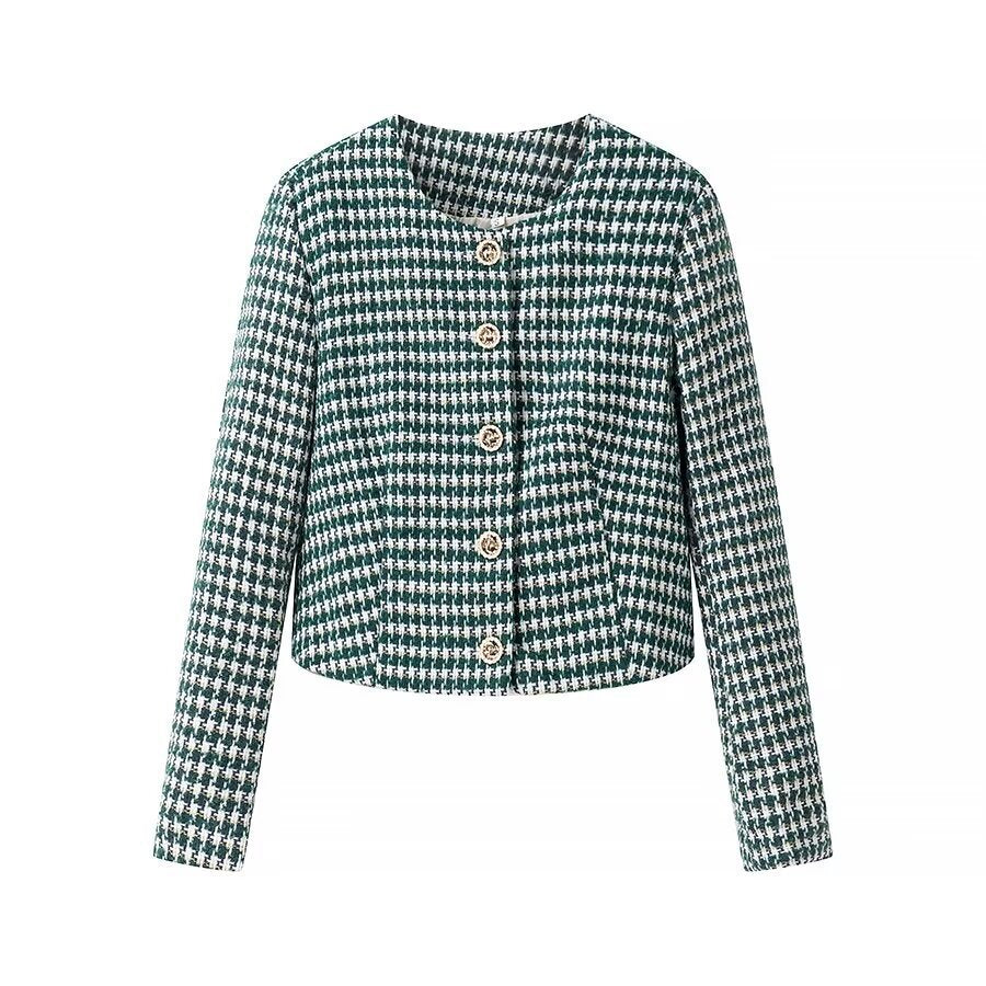 Women Tailored Boucle Short Blazer with Houndstooth Pattern and Decorative Buttons Mune Fashion