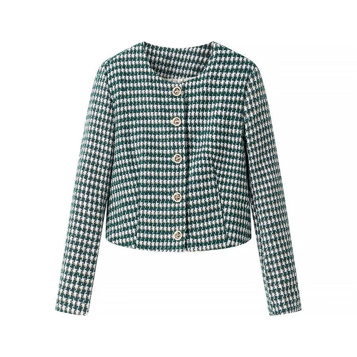 Women Tailored Boucle Short Blazer with Houndstooth Pattern and Decorative Buttons Mune Fashion