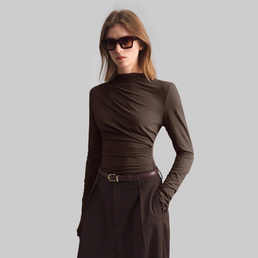 Women’s narrow cut long sleeve shirt with asymmetric draping and side gathering Mune Fashion