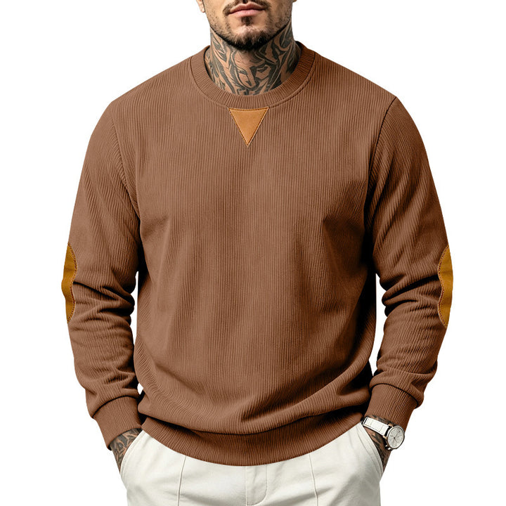 Men's Ribbed Sweatshirt with Leather Look Elbow Patches and Triangle Applique Mune Fashion