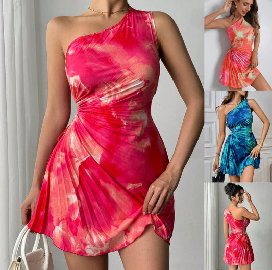 Women One-Shoulder Pleated Mini Dress with Cut-Out and Wrap Detail Mune Fashion