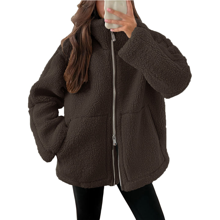 Women's oversized teddy fleece jacket with stand-up collar and full-length zipper Mune Fashion