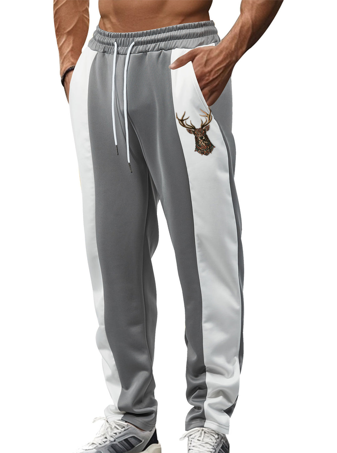 Men's sporty track pants with side contrast stripes, elastic waistband, drawstring, and deer embroidery Mune Fashion