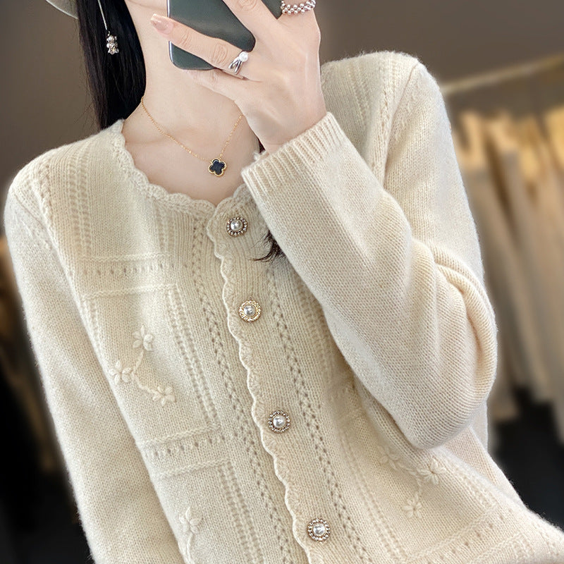 Ladies Embellished Knit Cardigan with Pearl Buttons and Openwork Embroidery Mune Fashion