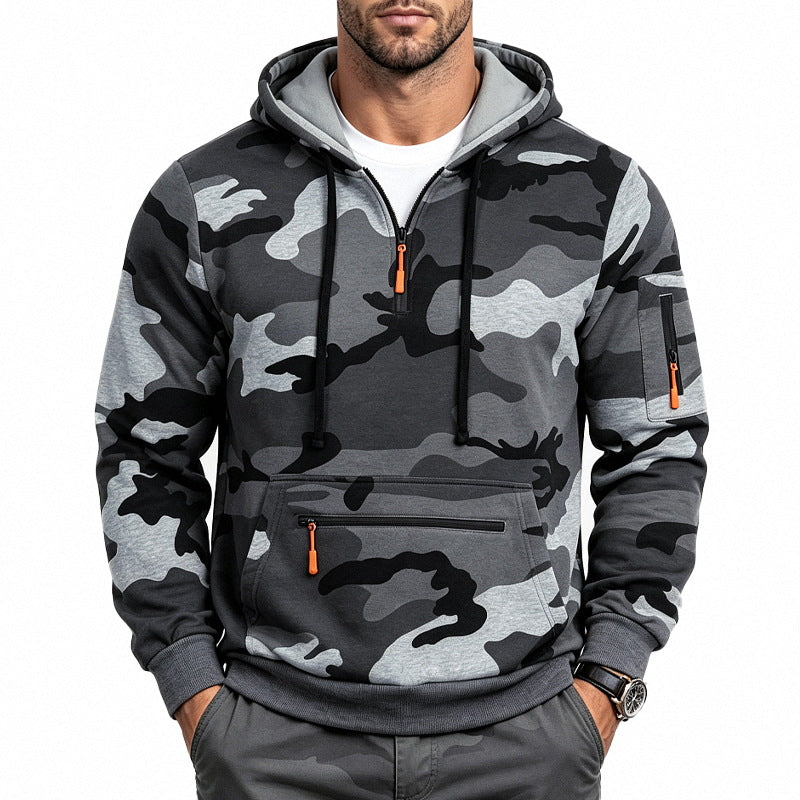 Men's Hoodie with Camouflage Pattern, Zipper Pockets and Kangaroo Pocket Mune Fashion