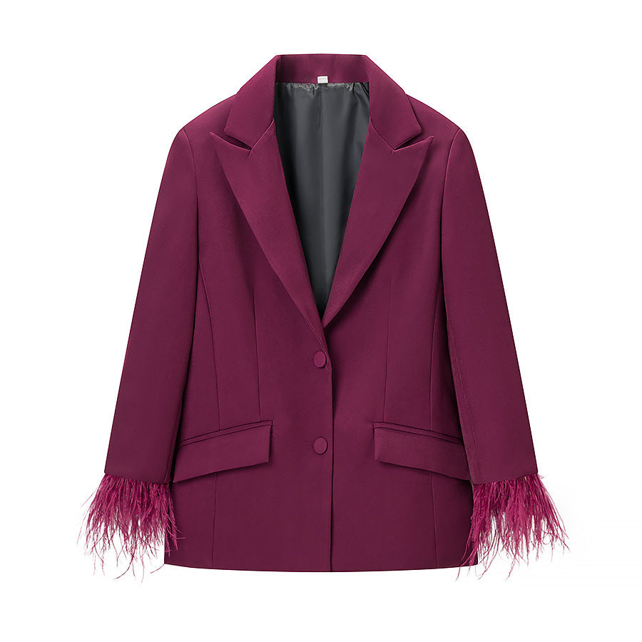 Women's Tailored Pant Suit Set with Feather Trim at the Cuffs Mune Fashion