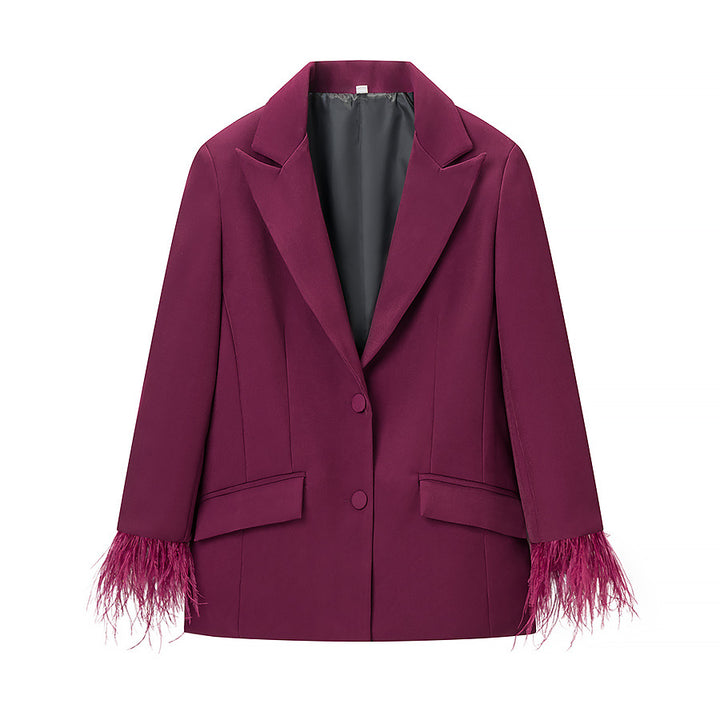 Women's Tailored Pant Suit Set with Feather Trim at the Cuffs Mune Fashion