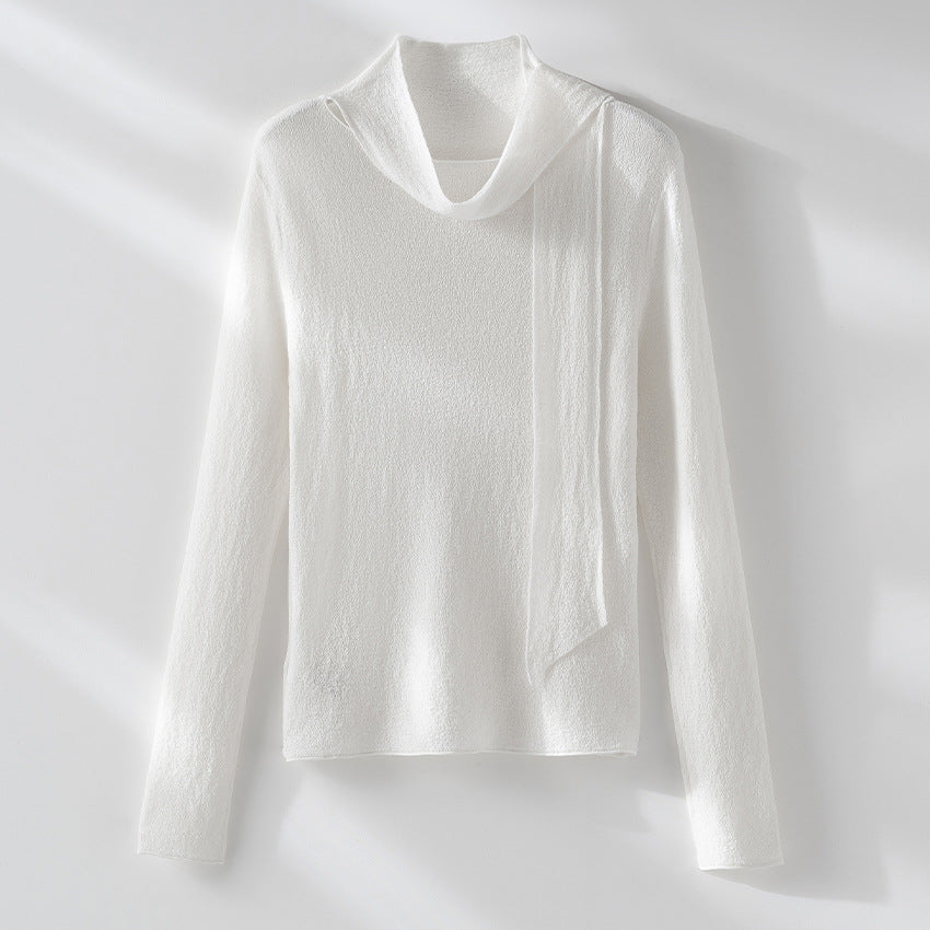 Women's fine knit pullover with asymmetrical tubular collar and draped scarf section Mune Fashion