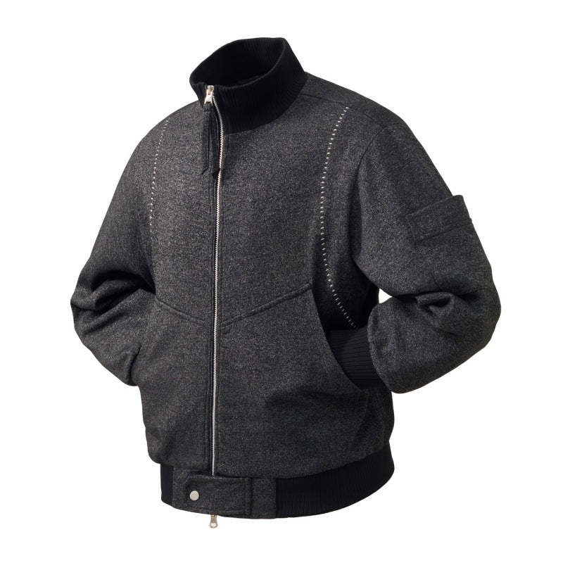 Men's wool blend bomber jacket with stand-up collar, ribbed cuffs, and utility arm pocket Mune Fashion