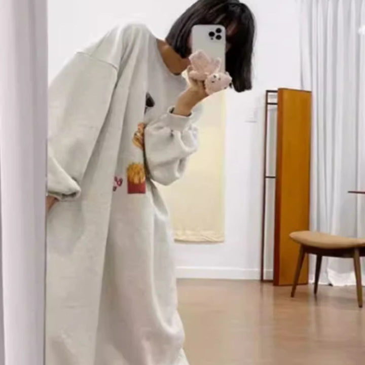Women Long Oversized Sweat Dress with Fries Print, Raglan Sleeves and Side Pockets Mune Fashion