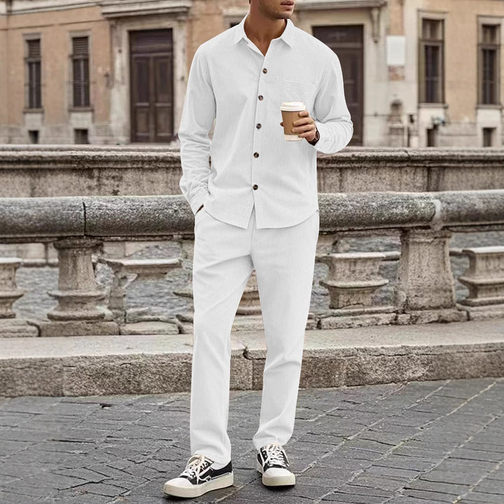 Men's casual shirt-pants two-piece set made of fine corduroy with chest pocket and straight fit Mune Fashion