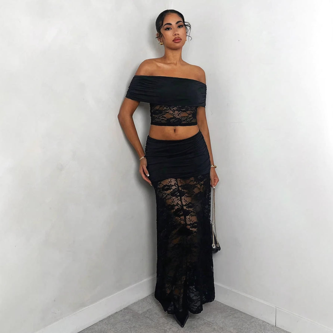 Women nan maxi skirt with gathered mini inner slip and floral lace overlay Mune Fashion