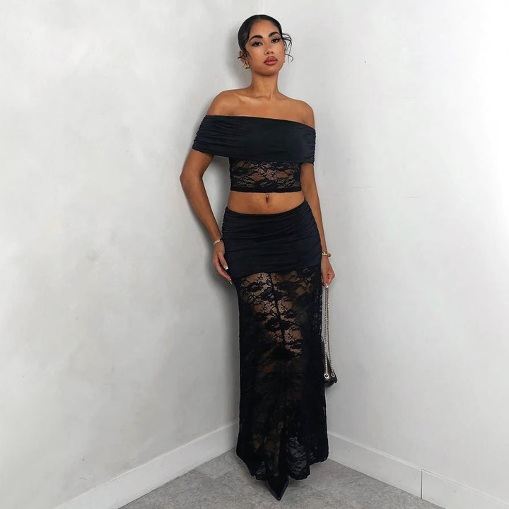 Women nan maxi skirt with gathered mini inner slip and floral lace overlay Mune Fashion