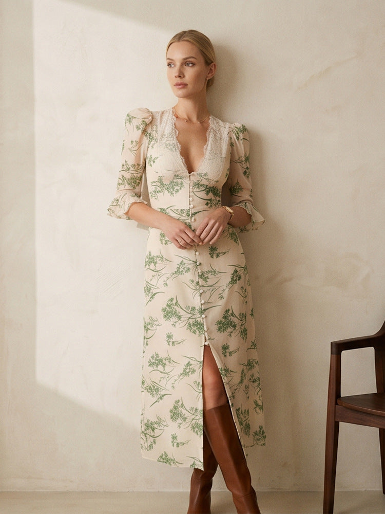 Women Floral Midi Dress with Lace V-Neck, Fitted Waist Seam and Pearl Button Placket Mune Fashion