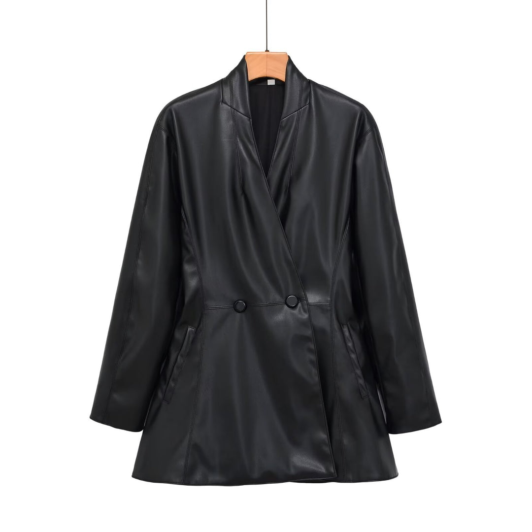 Women's tailored double-breasted faux leather midi coat with shawl collar and patch pockets Mune Fashion