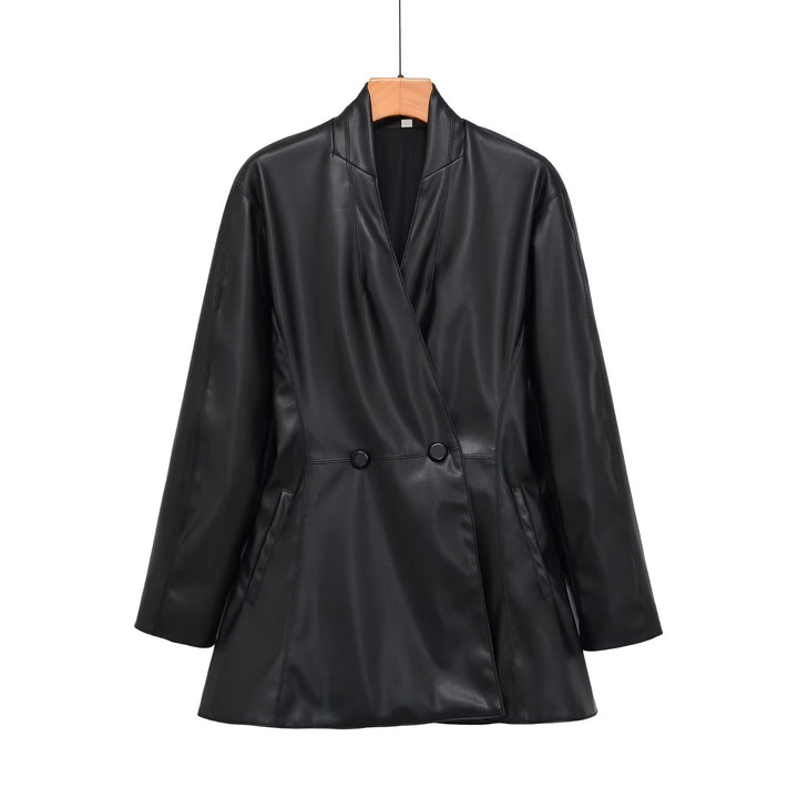 Women's tailored double-breasted faux leather midi coat with shawl collar and patch pockets Mune Fashion
