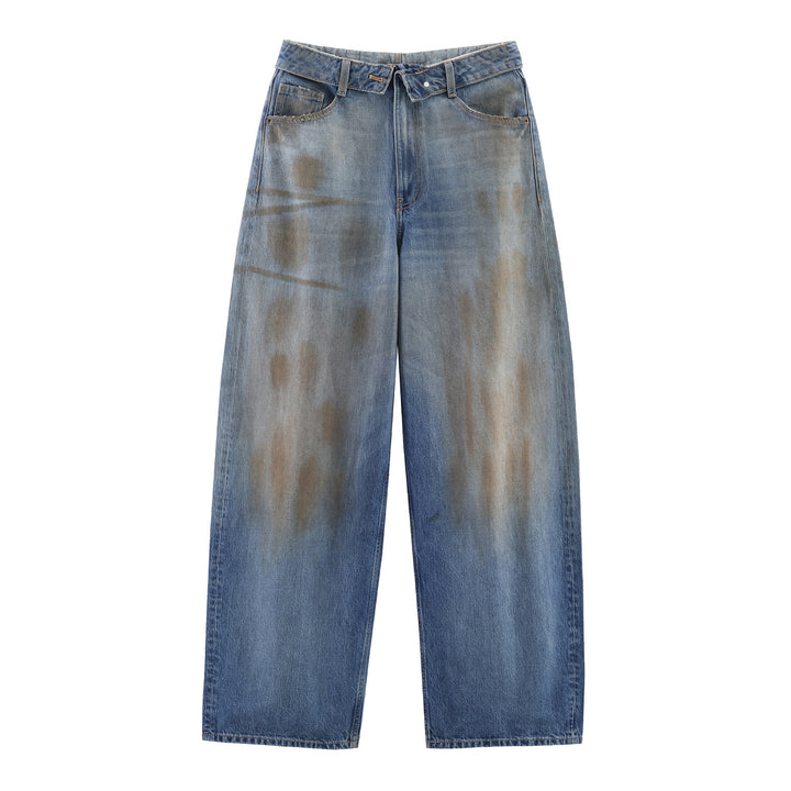Women's wide jeans with a high waistband worn look straight leg and fringe rips Mune Fashion