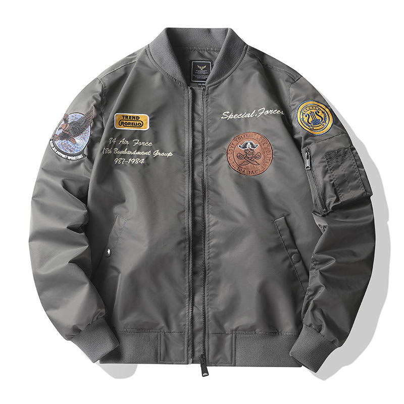 Men's bomber jacket with decorative patch applications, MA-1 inspired utility design Mune Fashion