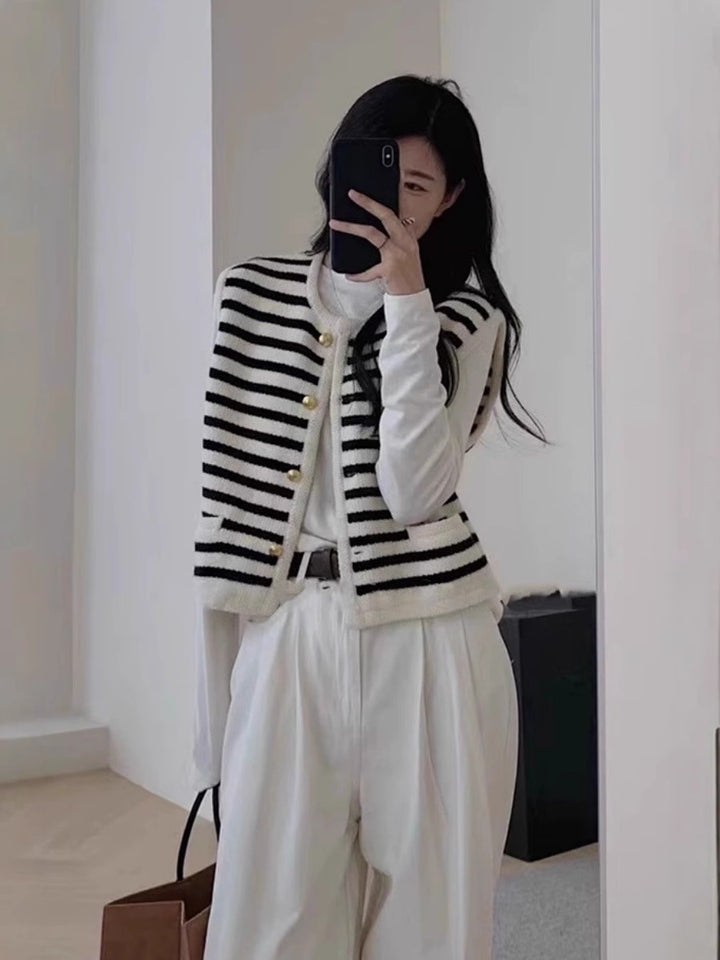 Women Short-Cut Striped Knit Vest with Gold-Colored Buttons and Patch Pockets Mune Fashion