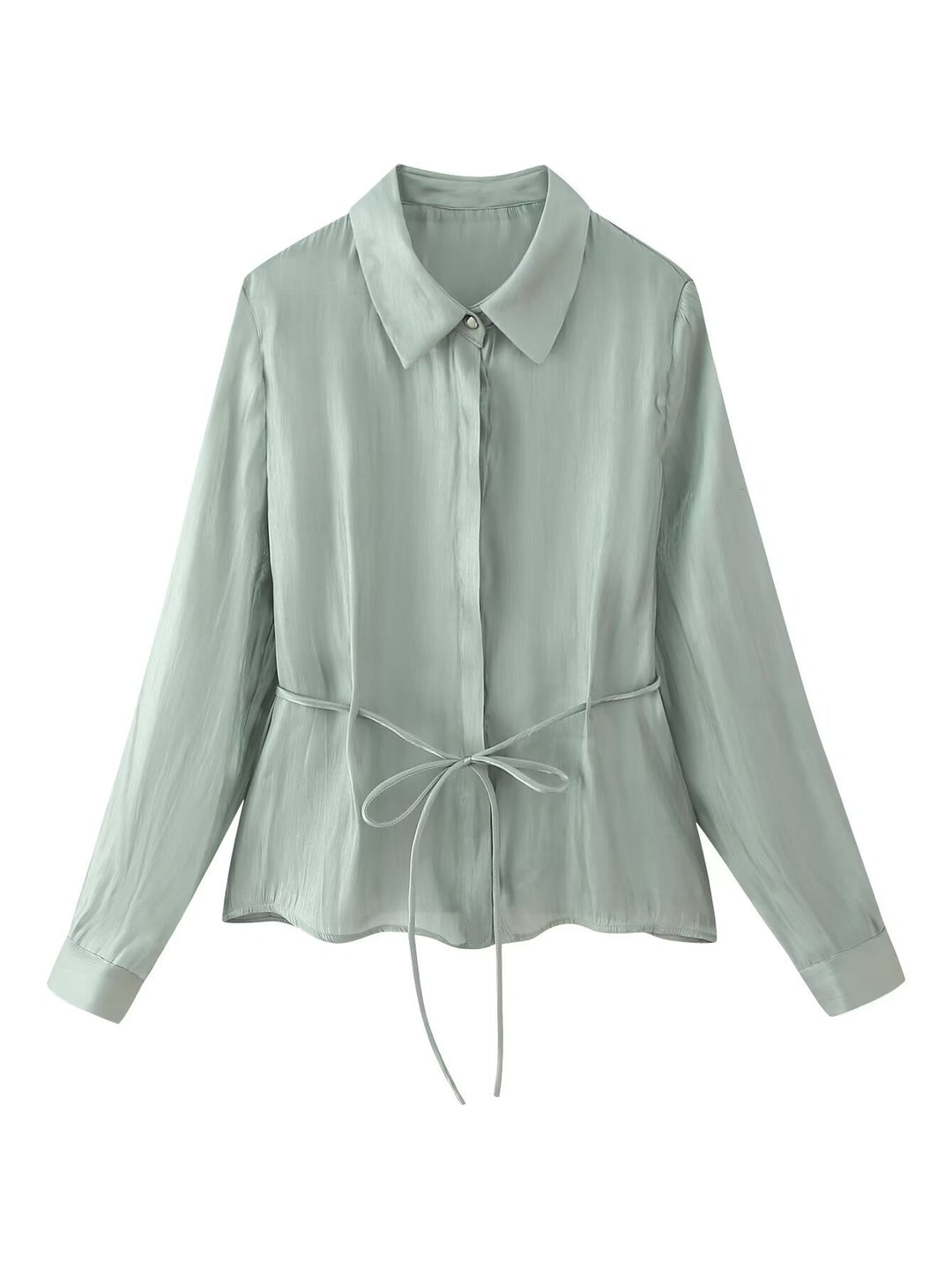 Women's Silky Blouse with Waistband and Concealed Button Placket Mune Fashion