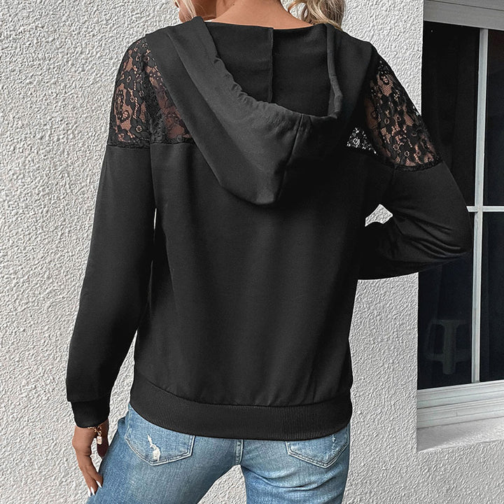 Women's hoodie with V-neck, lace shoulder trim and kangaroo pocket Mune Fashion