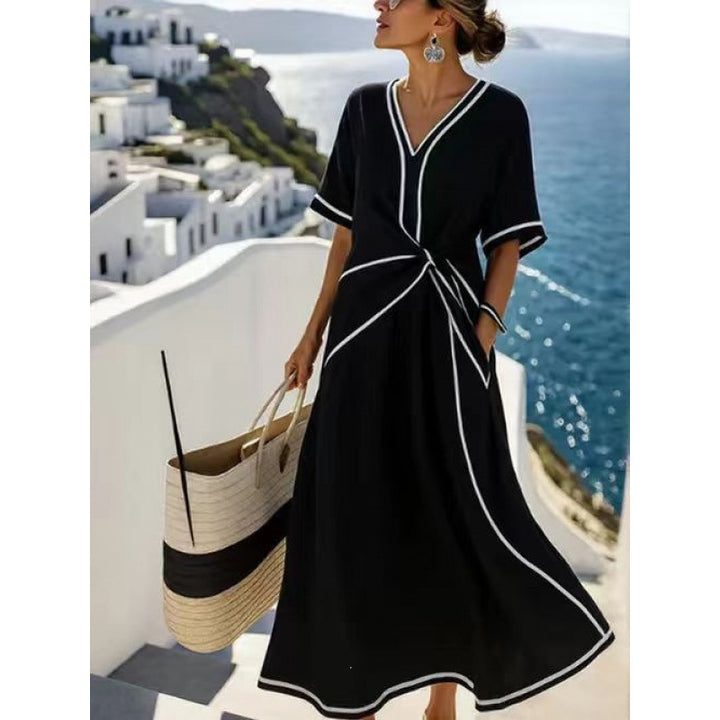 Women's maxi dress with V-neck, side knot and contrast piping Mune Fashion