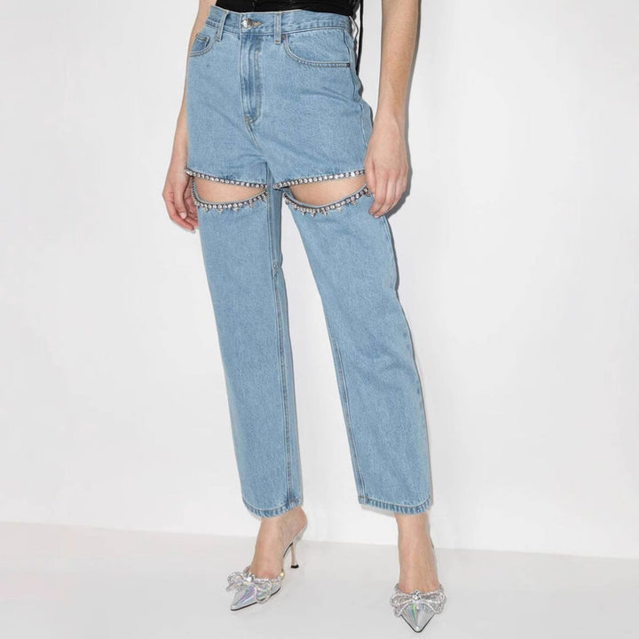 Women's Jeans with Decorative Cut-Outs and Rhinestone Embellishments Mune