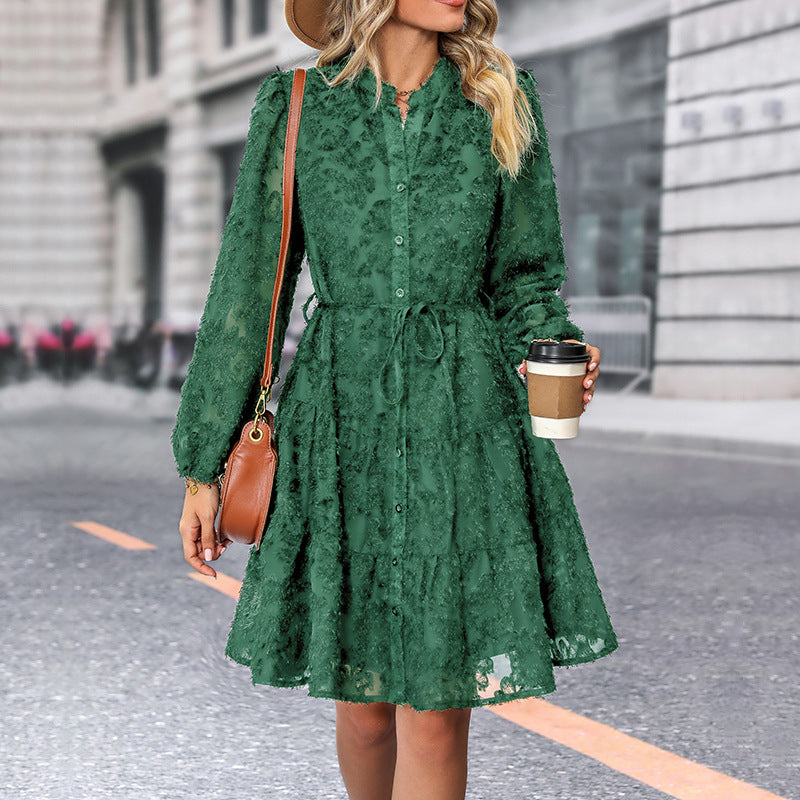 Ladies Elegant Long Sleeve Dress with Ruffles Mune Fashion