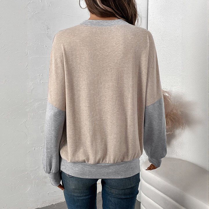 Women's Two-Tone Oversized Long Sleeve Sweater with Contrast Sleeves and V-Seam Mune Fashion