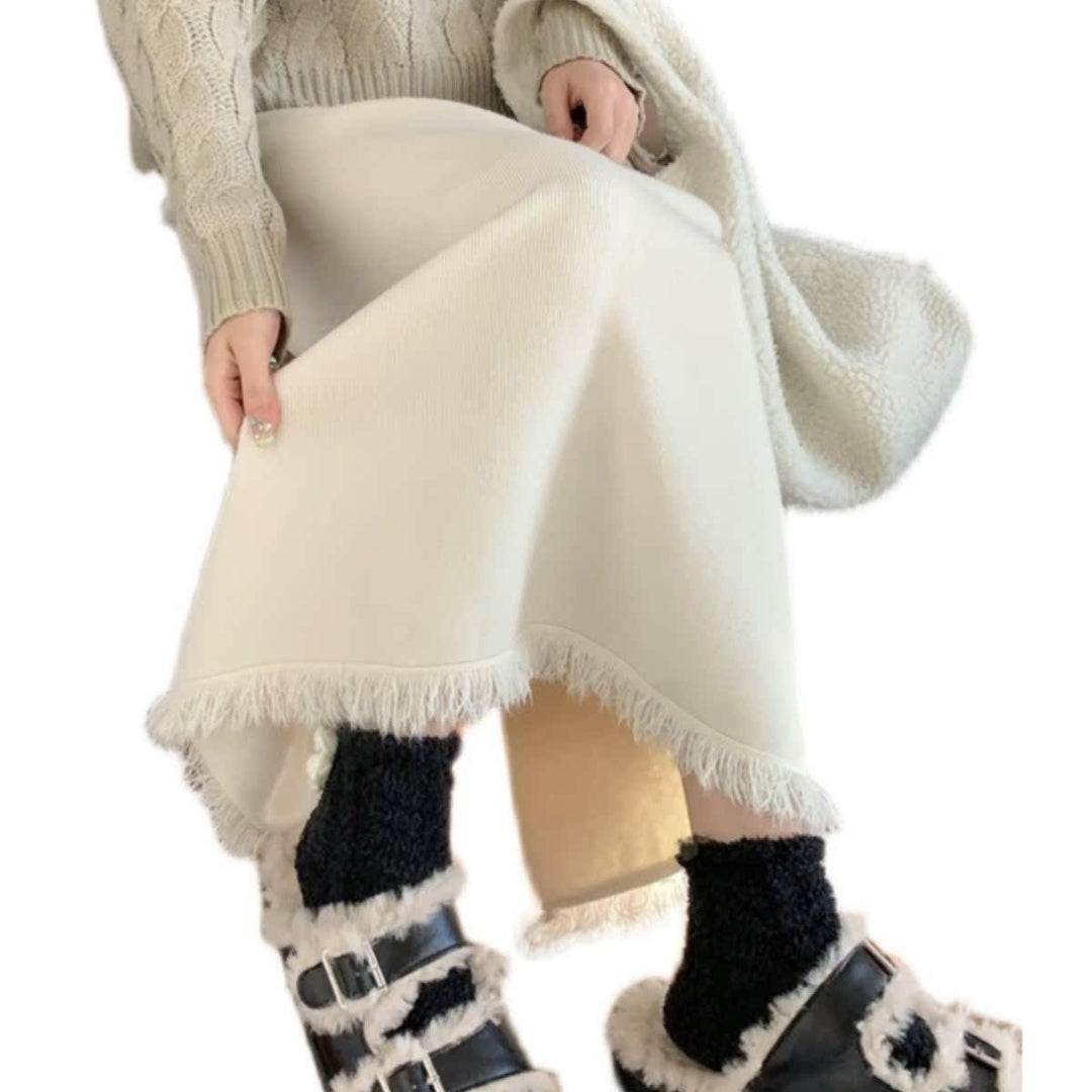 Women Long Pleated Skirt with Fringes Mune Fashion