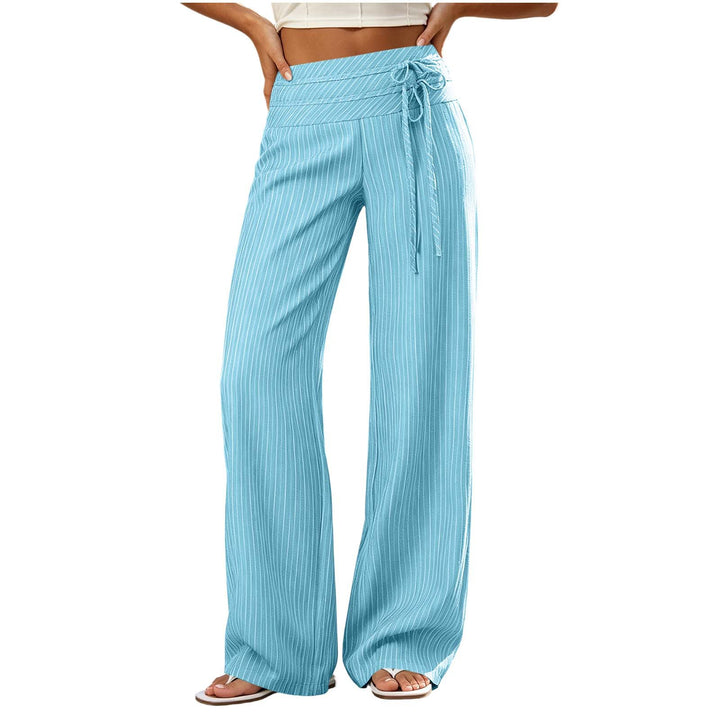 Women Wide High-Waist Palazzo Pants with Striped Pattern and Tie Belt Mune Fashion