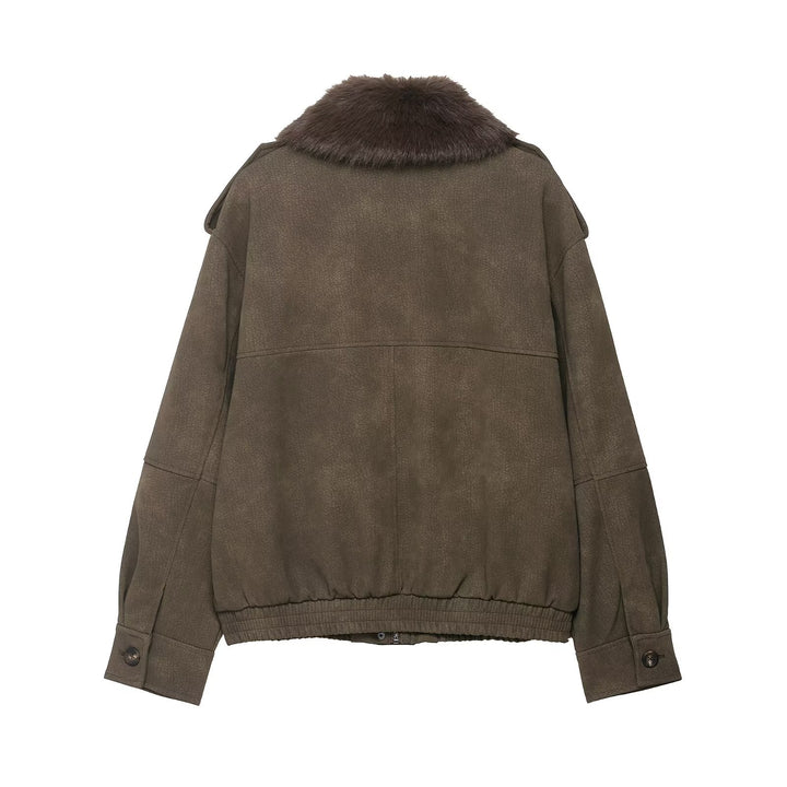 Women's short jacket in pilot bomber style with faux fur shawl collar Mune Fashion